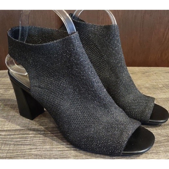 CP Black Open Toed Heels Size 9M Rita Peep toe textile sock block heel Holiday - Picture 1 of 9